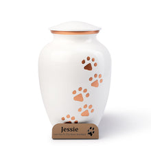 Load image into Gallery viewer, Paw Prints White & Rose Gold Metal Urn